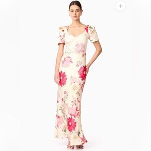 elliatt rosalina cream & pink floral print puff sleeve maxi satin dress small